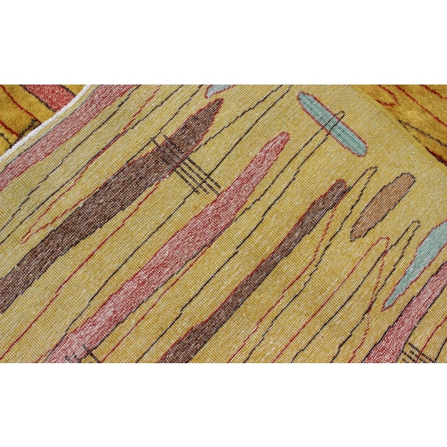 Mid 20th Century Vintage Modern Rug With Yellow Background and Multicolored Etched Pattern For Sale - Image 12 of 13