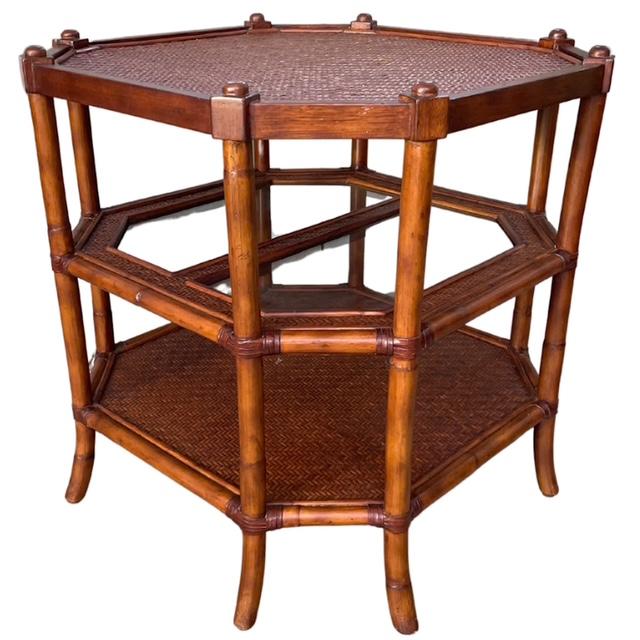 English Palm Beach Regency Octagonal 3-Tier Faux Bamboo Side Table With Woven Rattan & Glass For Sale - Image 3 of 10