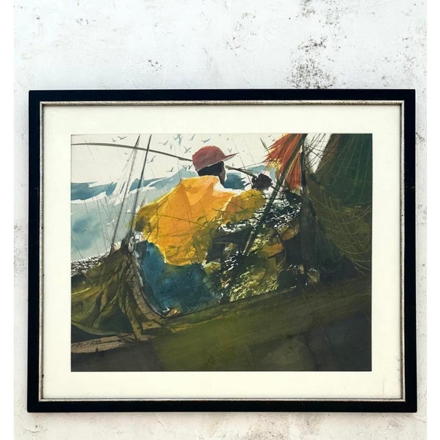 Vintage Abstract Man Fishing Original Watercolor on Paper For Sale - Image 4 of 5