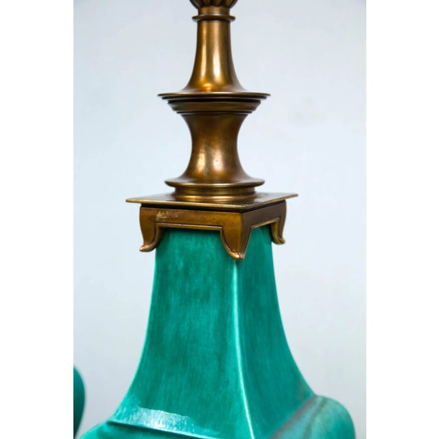 Vintage Mid Century Green Glazed Pagoda Style Stiffel Lamps- a Pair For Sale - Image 12 of 18