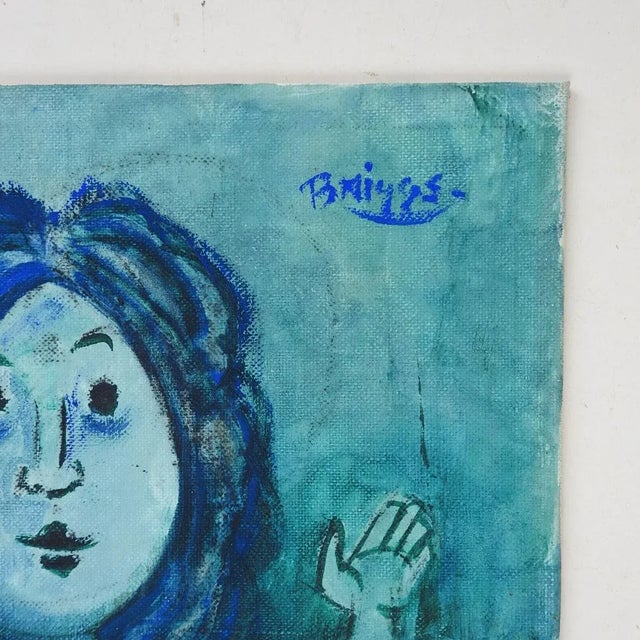 Vintage mid 20th century oil on canvas board modernist blue painting of two women by Judson Reynolds Briggs (1906-1981)...