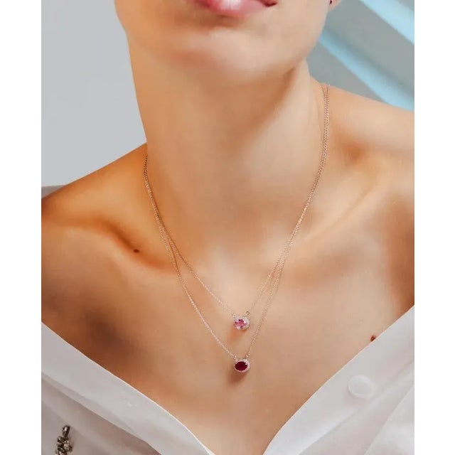 14k Gold Oval Halo Diamond Ruby Birthstone Necklace for Her For Sale In New York - Image 6 of 13