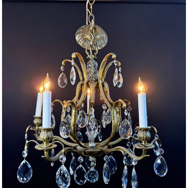 Brass Antique French Brass & Crystal Birdcage Chandelier – 5 Light For Sale - Image 8 of 17