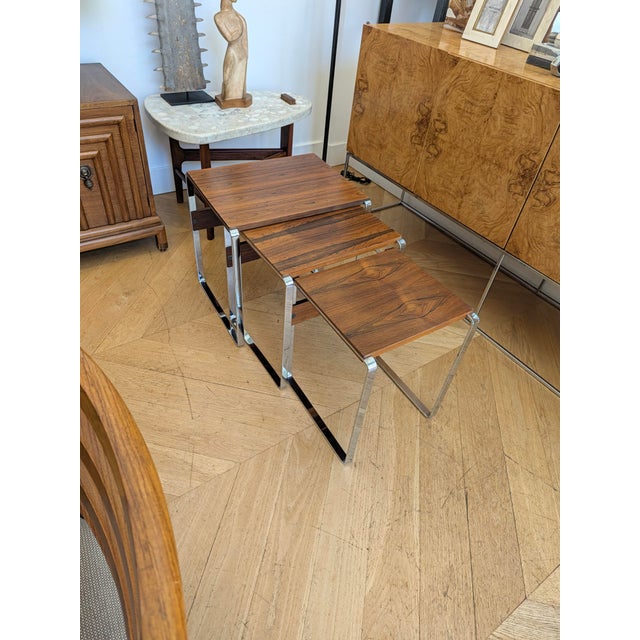 Vintage Rosewood and Chrome Nesting Tables, Set of 3, C. 1960s-70s For Sale In San Francisco - Image 6 of 9