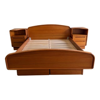 Mid Century Modern Teak Queen Bed Frame With Matching Nightstands & Built-in Storage Drawers For Sale