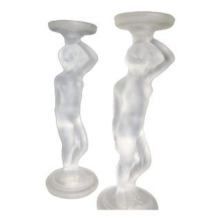 Pair of Excellent 1930s Walther & Sohne Art Deco Frosted Glass Nude Nymphen Candlesticks For Sale