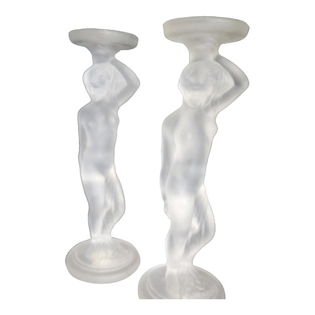 Pair of Excellent 1930s Walther & Sohne Art Deco Frosted Glass Nude Nymphen Candlesticks For Sale