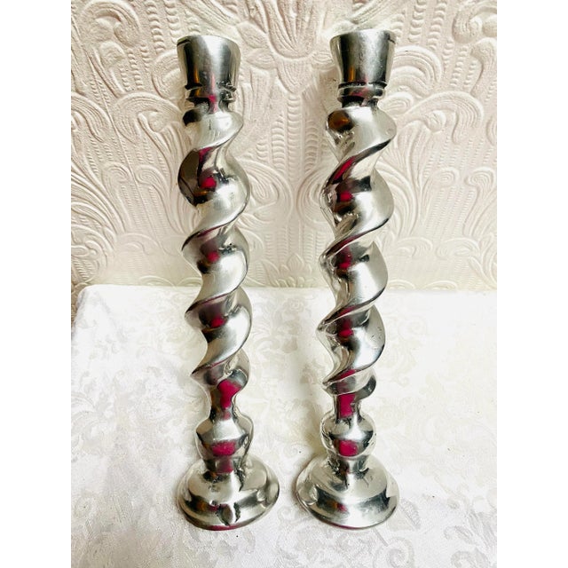 Mexican Pair of Vintage Hand Made Twisted Silver Candleholders Made in Mexico For Sale - Image 3 of 8