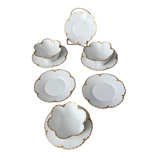 Antique Gold White Hand Painted Limoges Scalloped Bowl and Saucer Set of 3 Plus 2 Plates Imported Greeley Colorado Berry Finger Bowls- 8 Pieces For Sale