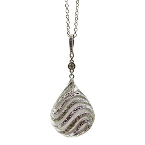1990s 18k White Gold Diamond Drop Rock Crystal Necklace With Hand Engraved Cage Setting