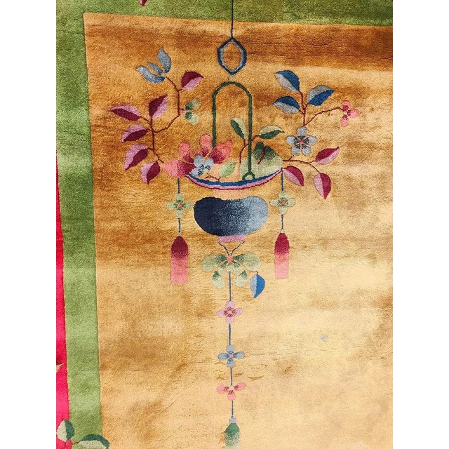 1920s Yellow Gold Floral Antique Chinese Art Deco Carpet 9' X 11'8" Knotted Wool Rug For Sale In New York - Image 6 of 11