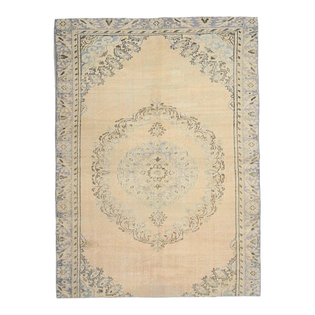 1970s Vintage Turkish Oushak Handmade Wool Cotton Beige Area Rug For Sale