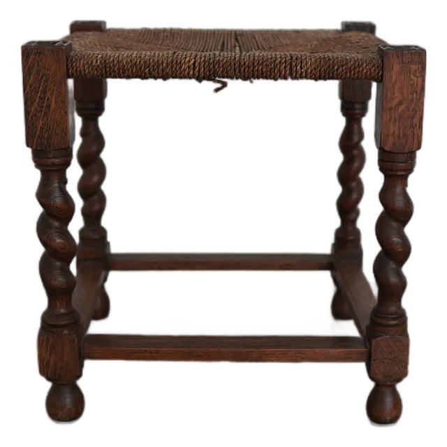 Antique Barley Twist Rush Seat Stool For Sale