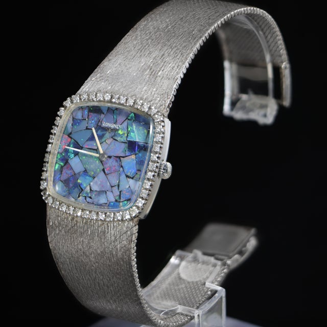 Vintage Longines Opal Mosaic Dial 34mm Diamond Bezel 18k White Gold Watch For Sale - Image 14 of 14