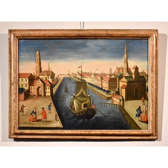 Venetian or Flemish School Artist, Rotterdam Palace of the Stock Exchange & Old Port, Oil on Canvas Paintings, Framed, Set of 2 For Sale - Image 17 of 18