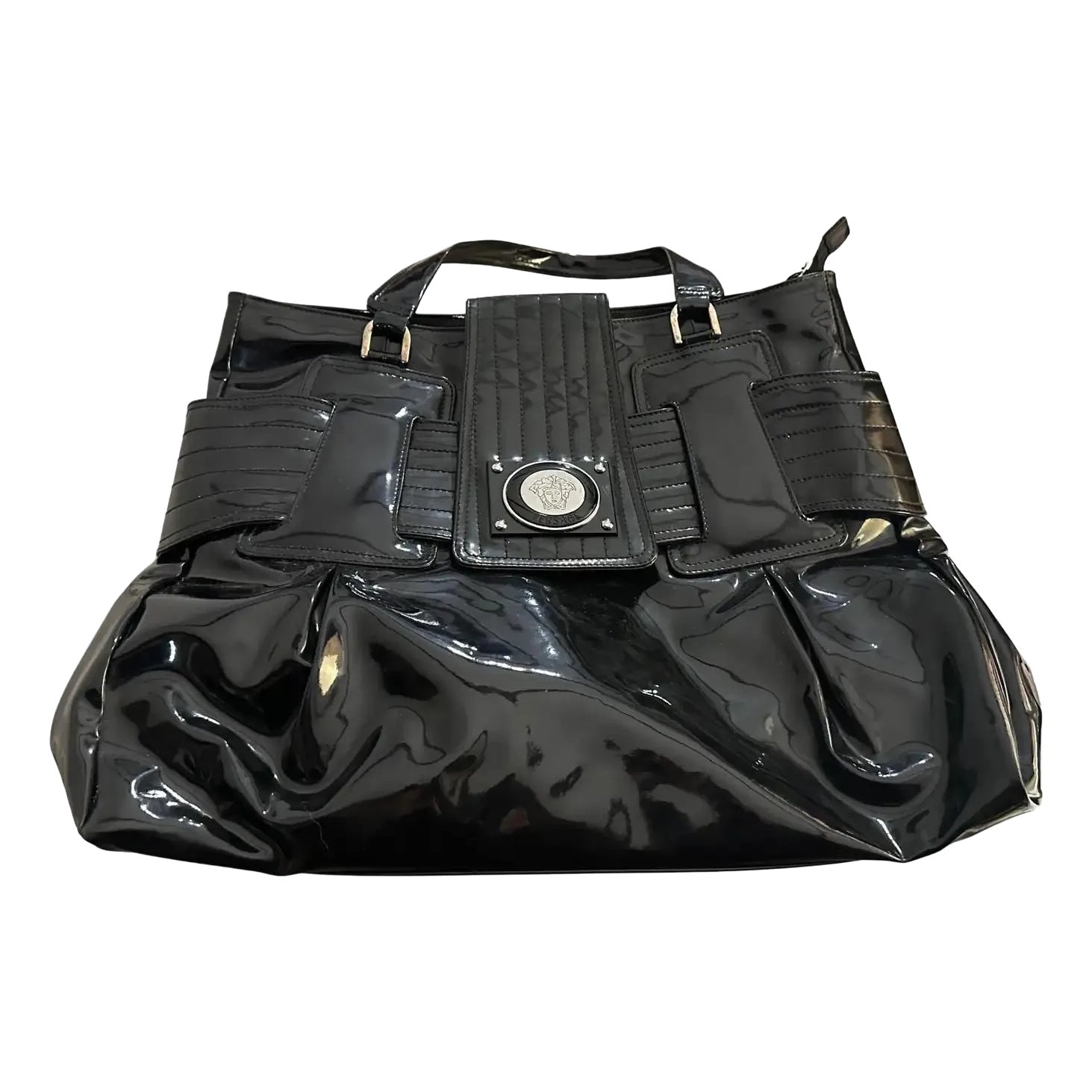 1990s Vintage Black Leather and Plastic Hand-Bag by Gianni
