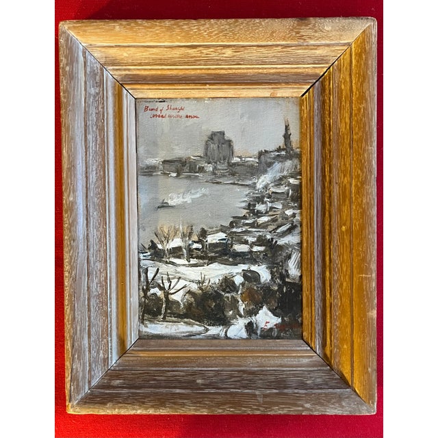 1930's Impressionist Winter Snow Scene Oil Painting on Canvas "Bund of Shanghai Covered With Snow" For Sale - Image 4 of 11