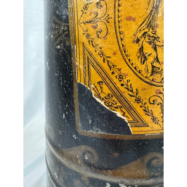 Antique English Tole Coal Helmet Scuttle | Beldray Maker's Mark, Gilt Neoclassical Decoration | 24in Tall For Sale - Image 9 of 12