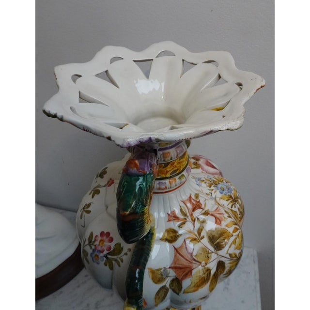 Renaissance Style Hand-Painted Majolica Vase with Flowers and Dragon-Shaped Handles from Nove Bassano, Italy, 1950s For Sale - Image 15 of 17