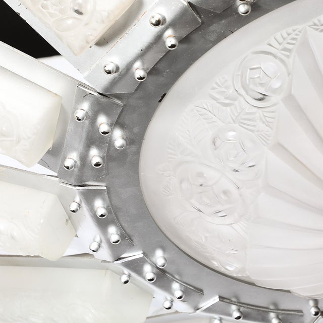 Art Deco Geometric Frosted Glass & Nickeled Starburst Chandelier Signed Degué For Sale - Image 12 of 18