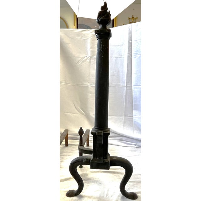 Mid Century Hollywood Regency Cast Iron Andirons With Flame Motif Top- a Pair For Sale In West Palm - Image 6 of 13
