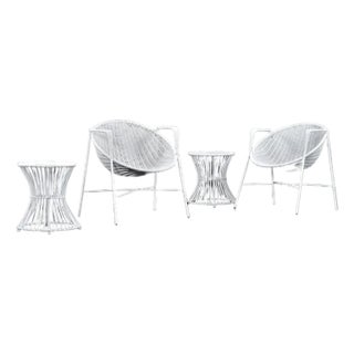 Wicker Salterini Radar Style Chairs With Pedestal Side Tables Seating Set For Sale