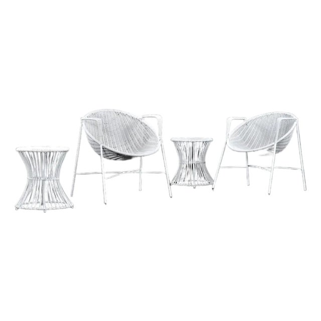 Wicker Salterini Radar Style Chairs With Pedestal Side Tables Seating Set For Sale