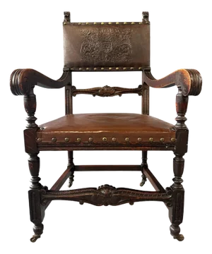 English 19th Century Oak Carved Armchair With Tooled Leather