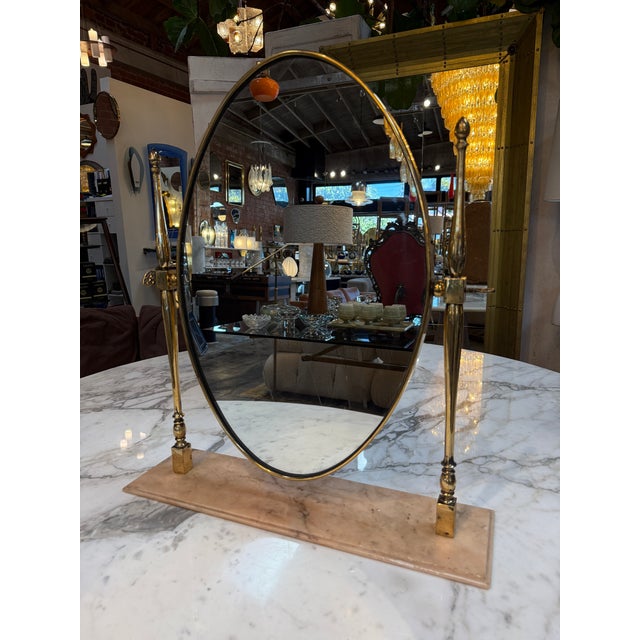 Vintage Brass Oval Vanity Mirror With Marble Base For Sale In Los Angeles - Image 6 of 10