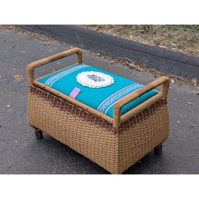 Vintage English Bombay-Shaped Woven Rattan Bench With Underseat Storage For Sale - Image 4 of 7