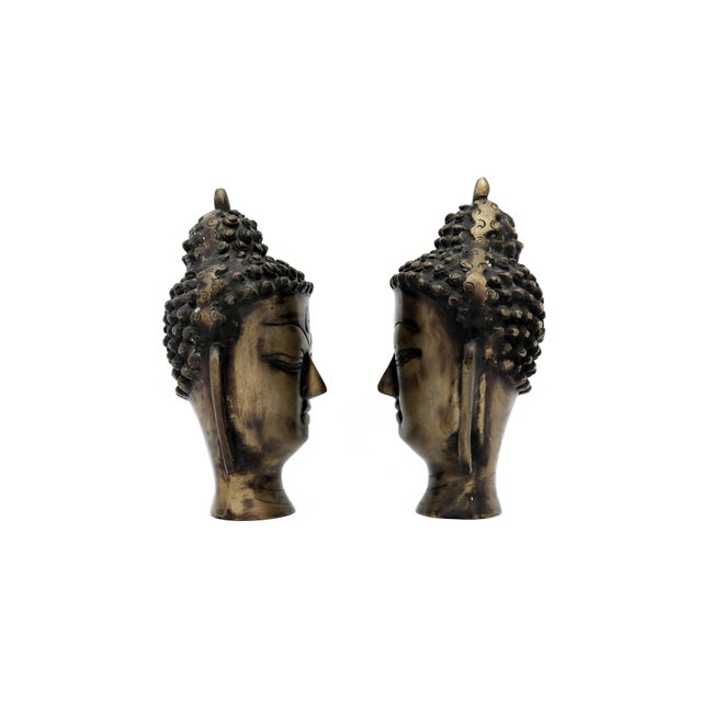 Late 20th Century Brass Buddha Head Figurines; Bookends For Sale - Image 5 of 7