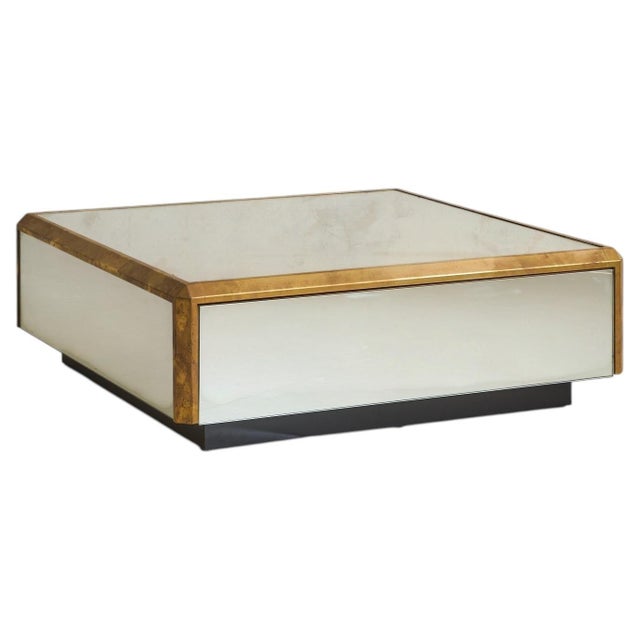 French Mirror + Brass Square Coffee Table, 1970s For Sale