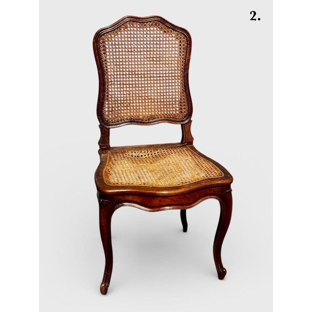 French Set of 4 Mid 20th Century French Louis XV Style Walnut Caned Dining Chairs — Handwoven Cane Seats & Backs For Sale - Image 3 of 12