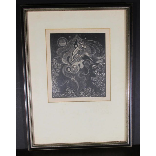Artist proof, etching by artist name, Hoehn. Black and white abstracted composition of swirling amoeba-shaped forms...