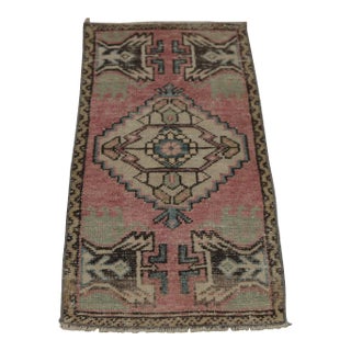 1960s Turkish Rustic Style Geometric Desing Muted Red Oushak Doormat Rug For Sale