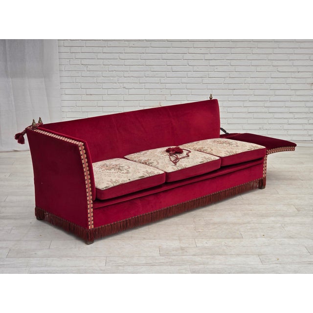 Danish Three-Seater Drop Arm Spanish Sofa in Red Furniture Velour, 1970s For Sale - Image 10 of 18