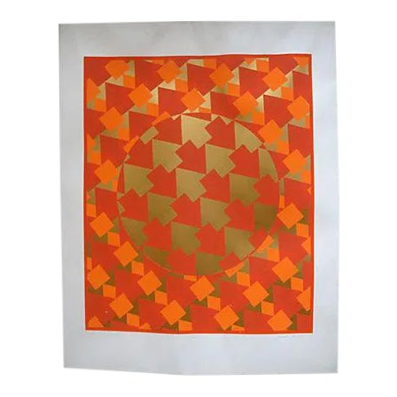 Mid-Century Op Art Silkscreen Poster Geometric Orange Gold For Sale