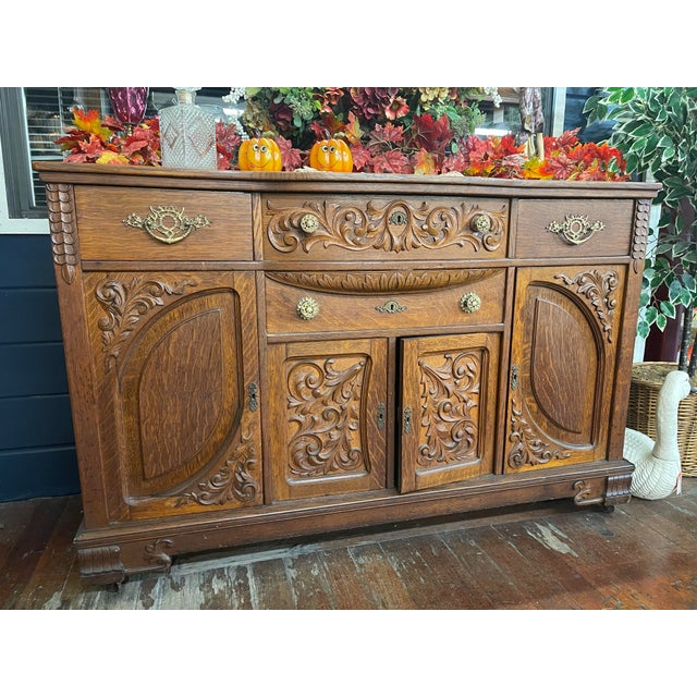 Antique Carved Oak Sideboard With Ornate Detailing For Sale - Image 10 of 12