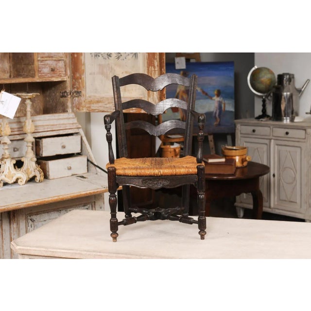 French Rustic Dark Oak 19th Century Child's Chair with Ladder Back and Rush Seat For Sale - Image 4 of 12