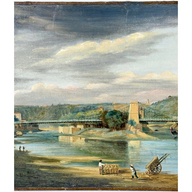 Early 19th Century French Plein Air Oil on Paper View With Suspension Bridge For Sale - Image 4 of 5