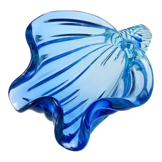 Vintage Barbini Murano Sommerso Cobalt Blue Aqua Italian Art Glass Seashell Sculptural Bowl Ashtray For Sale