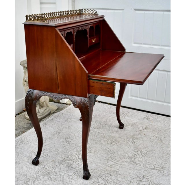 Antique Carved & Inlaid Mahogany French Style Slant Front Desk W/Brass Gallery For Sale - Image 9 of 12