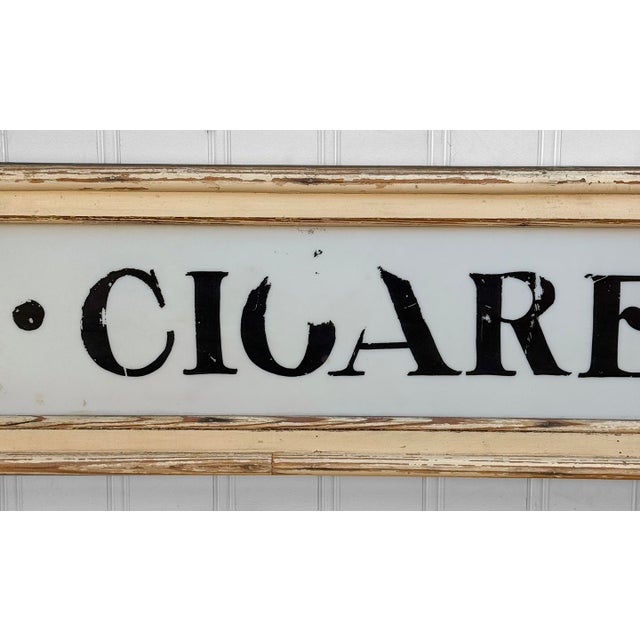 Antique General Store Cigarettes Milk Glass Painted Sign - 53" For Sale - Image 6 of 12