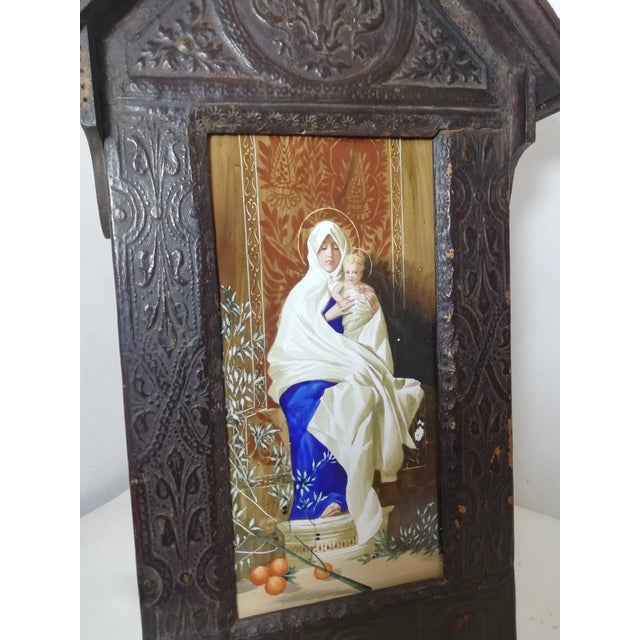 Beautiful antique devotional shrine. Leather-covered wooden shrine frame with symbols of Florence. Richard Ginori tile...