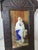 Beautiful antique devotional shrine. Leather-covered wooden shrine frame with symbols of Florence. Richard Ginori tile...
