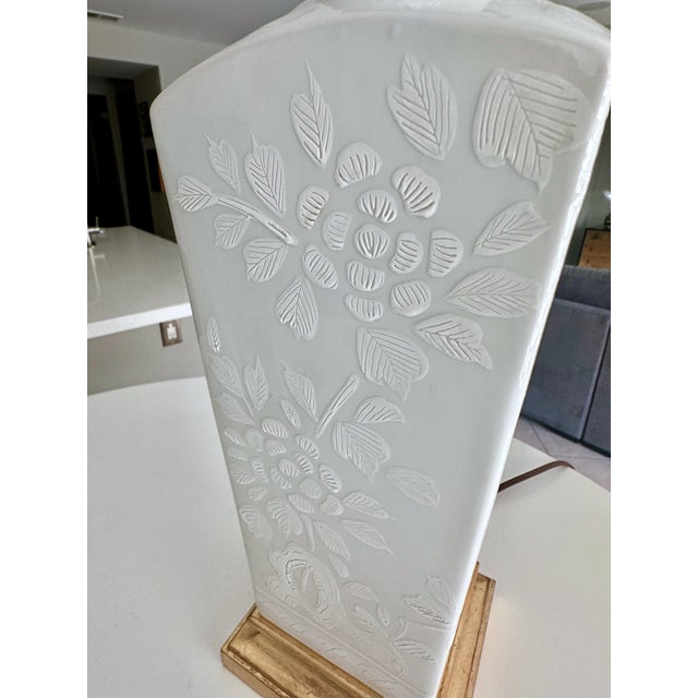 White Pair Japanese Blanc De Shine Embossed Porcelain Table Lamps For Sale - Image 8 of 12