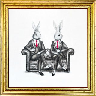 Framed Print of Two Bunnies Drinking Wine by Max and Alma For Sale