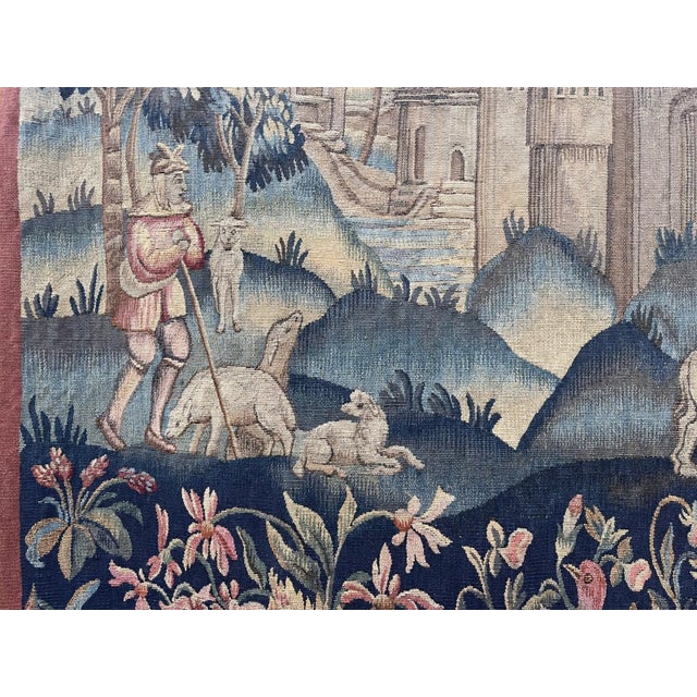 Blue 19th-Century Wool and Silk Tapestry — Medieval Courtly Scene For Sale - Image 8 of 13