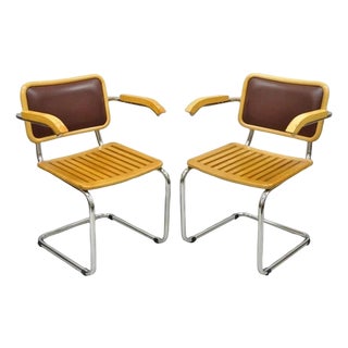 Vintage Mid Century Modern Cesca Chair Cantilever Chrome Frame Wood Seat - Pair For Sale