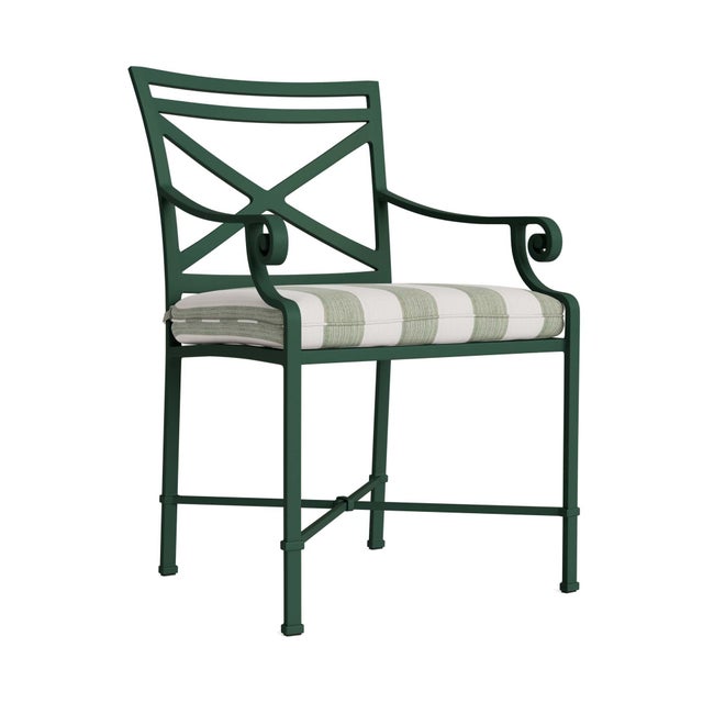 Brown Jordan Venetian Arm Chair in Forest Green with Forest Stripe Cushions For Sale